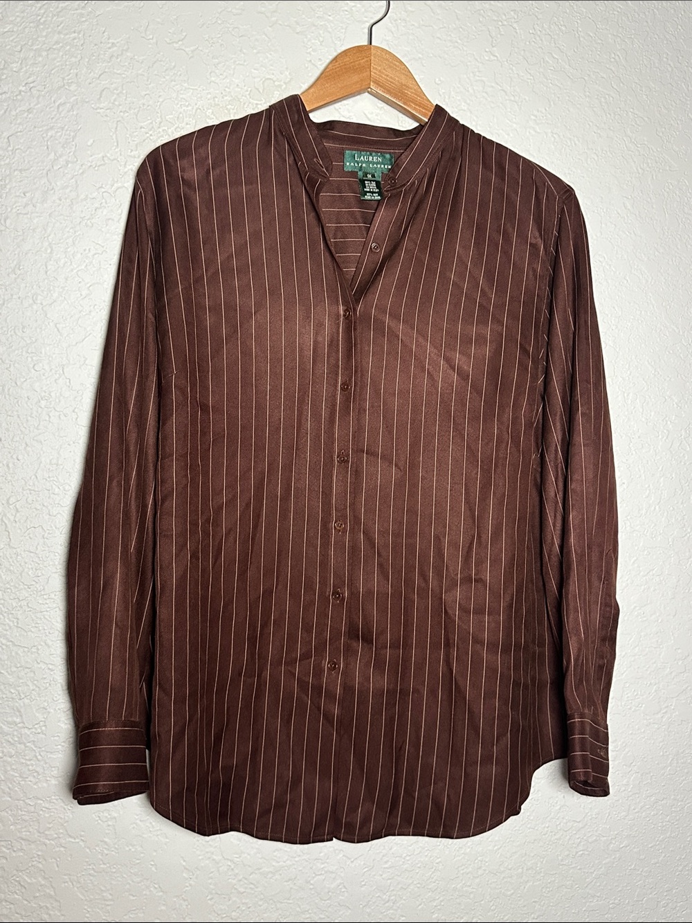 Vintage Ralph Lauren Silk Brown Pinstripe Shirt Long Sleeve Mandarin Collar 1X